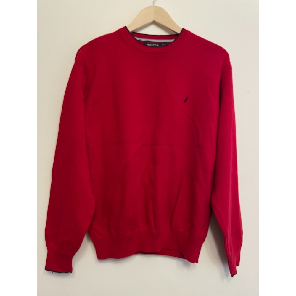 Nautica 100% Cotton Sweater Men Medium Red Crewneck Chunky Knit Classic